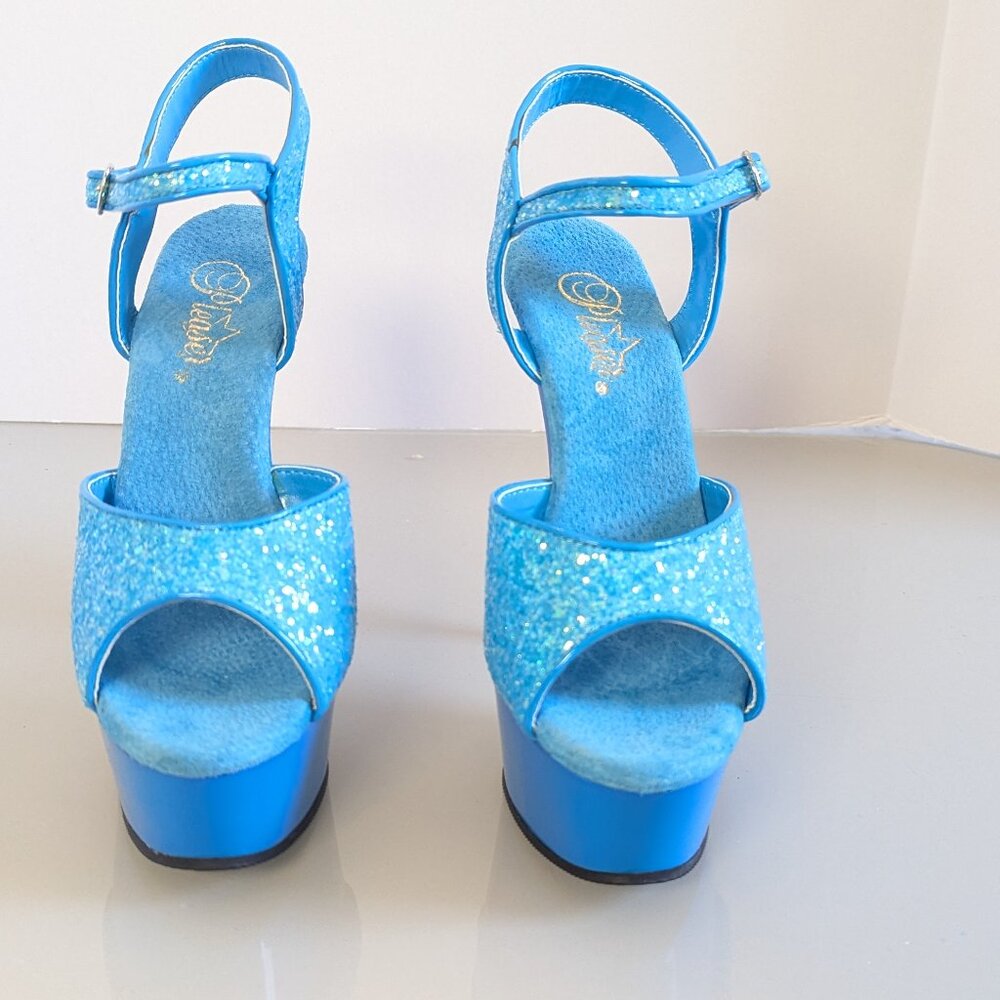 Pleaser Delight 609 Neon Blue Chunky Glitter Peep Toe Platform Stiletto Heels 8 - Picture 7 of 10